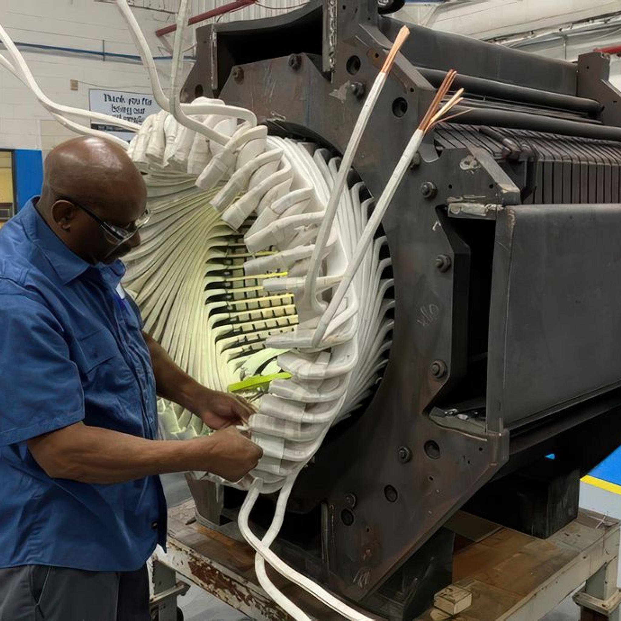 Technician installs insulated windings in a large industrial generator stator.