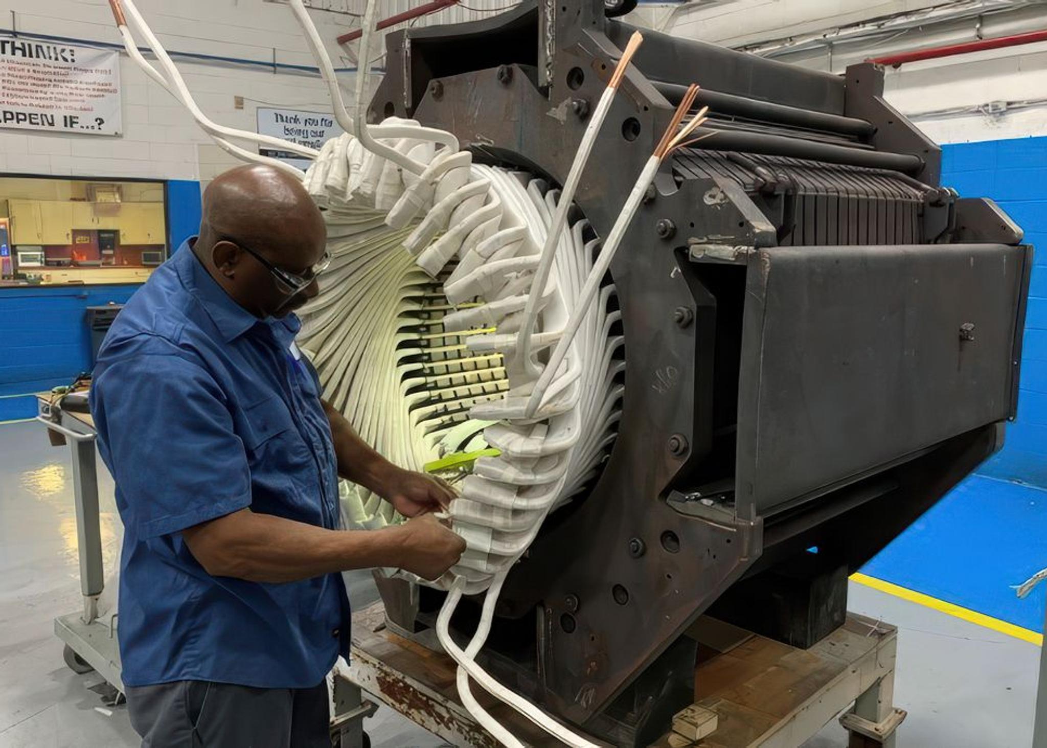 Technician installs insulated windings in a large industrial generator stator.