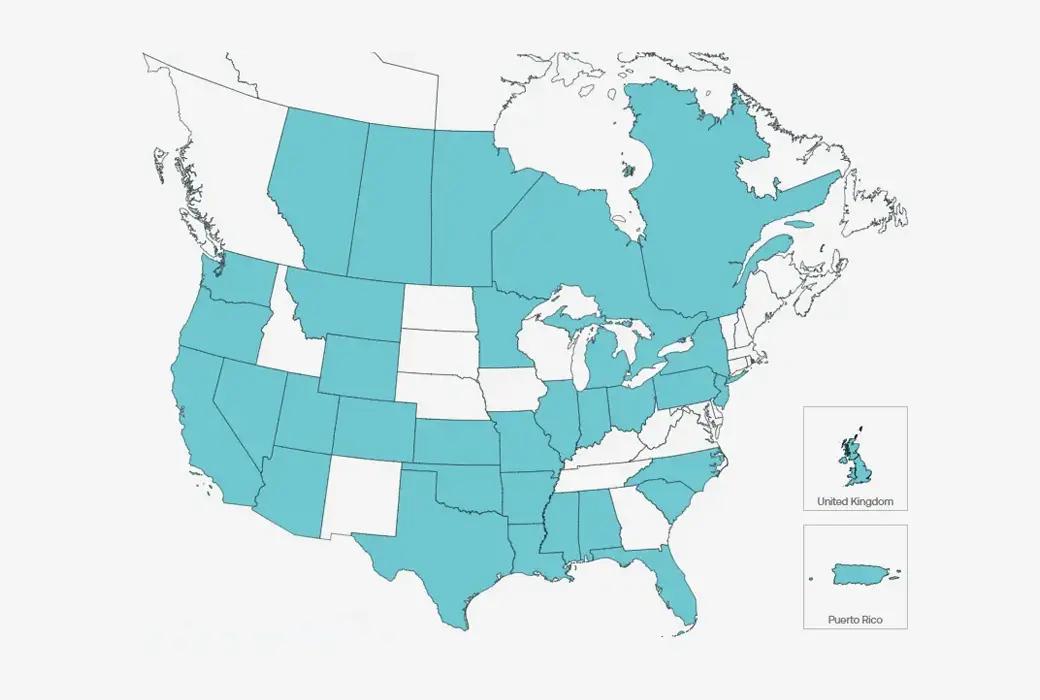 Map highlighting numerous US states, all of Canada, the United Kingdom, and Puerto Rico in teal.
