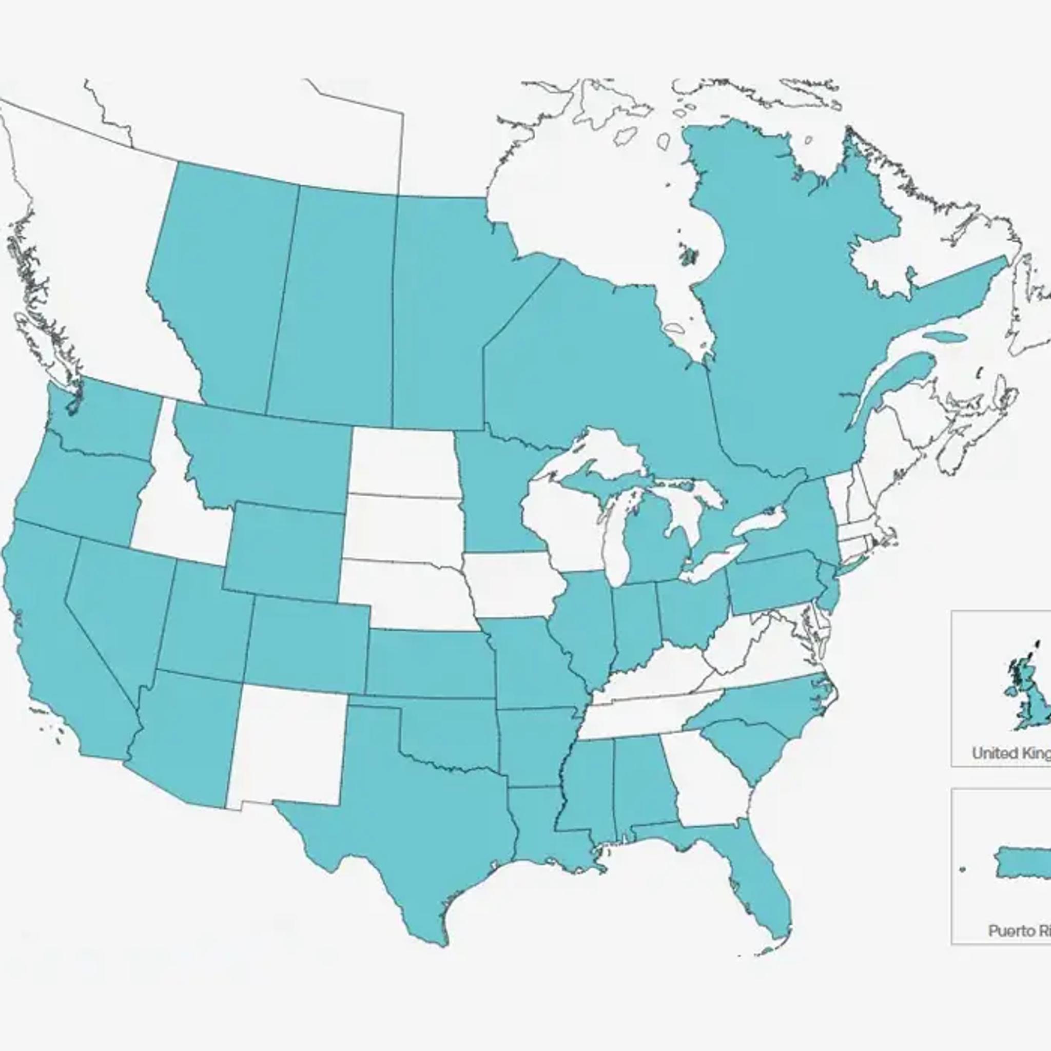 Map highlighting numerous US states, all of Canada, the United Kingdom, and Puerto Rico in teal.