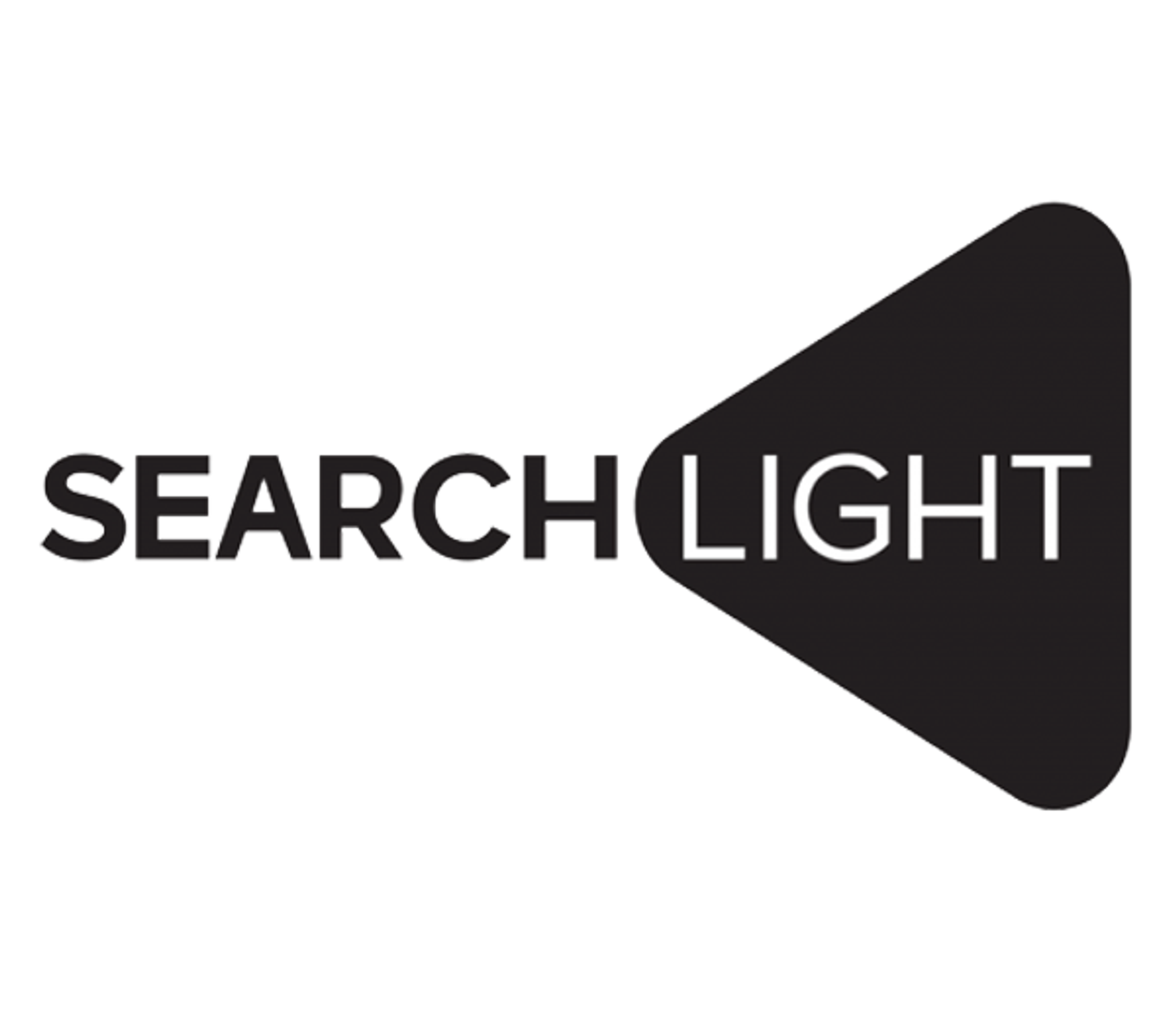 Logo Searchlight avec faisceau noir stylisé.