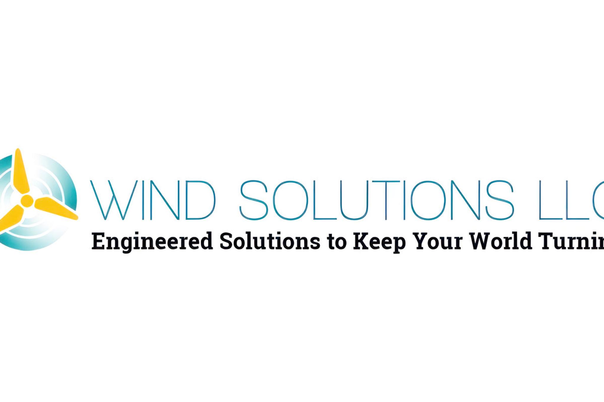 Logotipo de Wind Solutions LLC con una turbina eólica amarilla y azul.