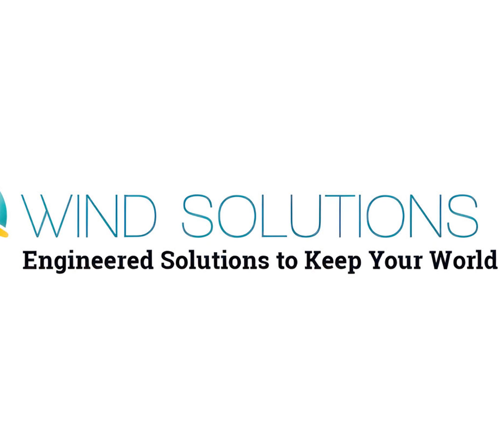 Logo Wind Solutions LLC avec une turbine et le slogan « Engineered Solutions to Keep Your World Turning »