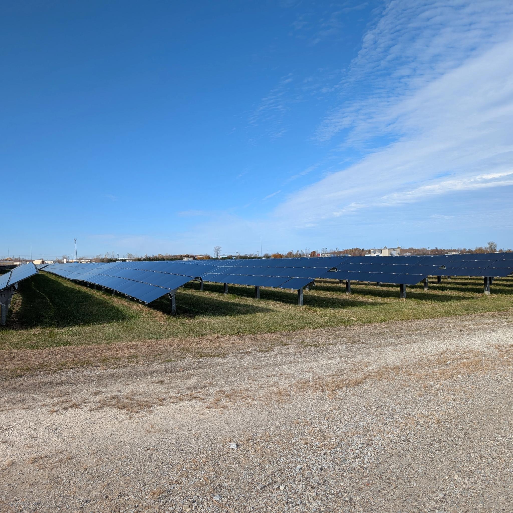 Rows of ground-mounted solar panels in a grassy field beneath a blue sky.