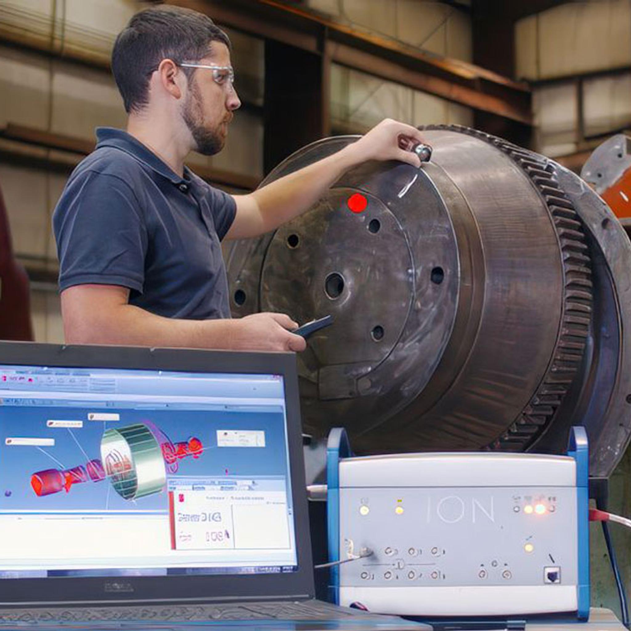 Technician uses a handheld sensor and diagnostic software to inspect a large industrial motor rotor.