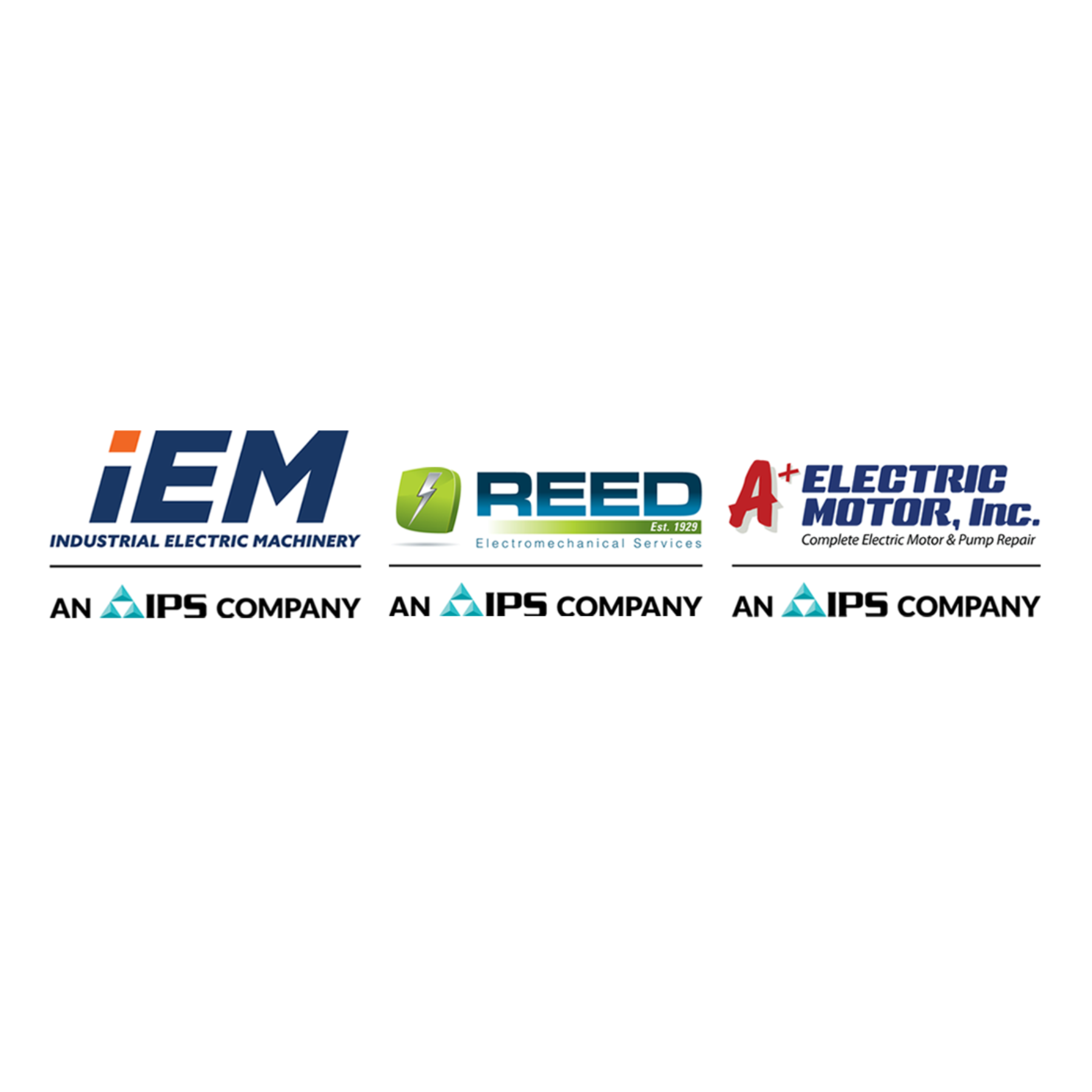 Logos for IPS companies Industrial Electric Machinery, Reed Electromechanical Services, and A+ Electric Motor.