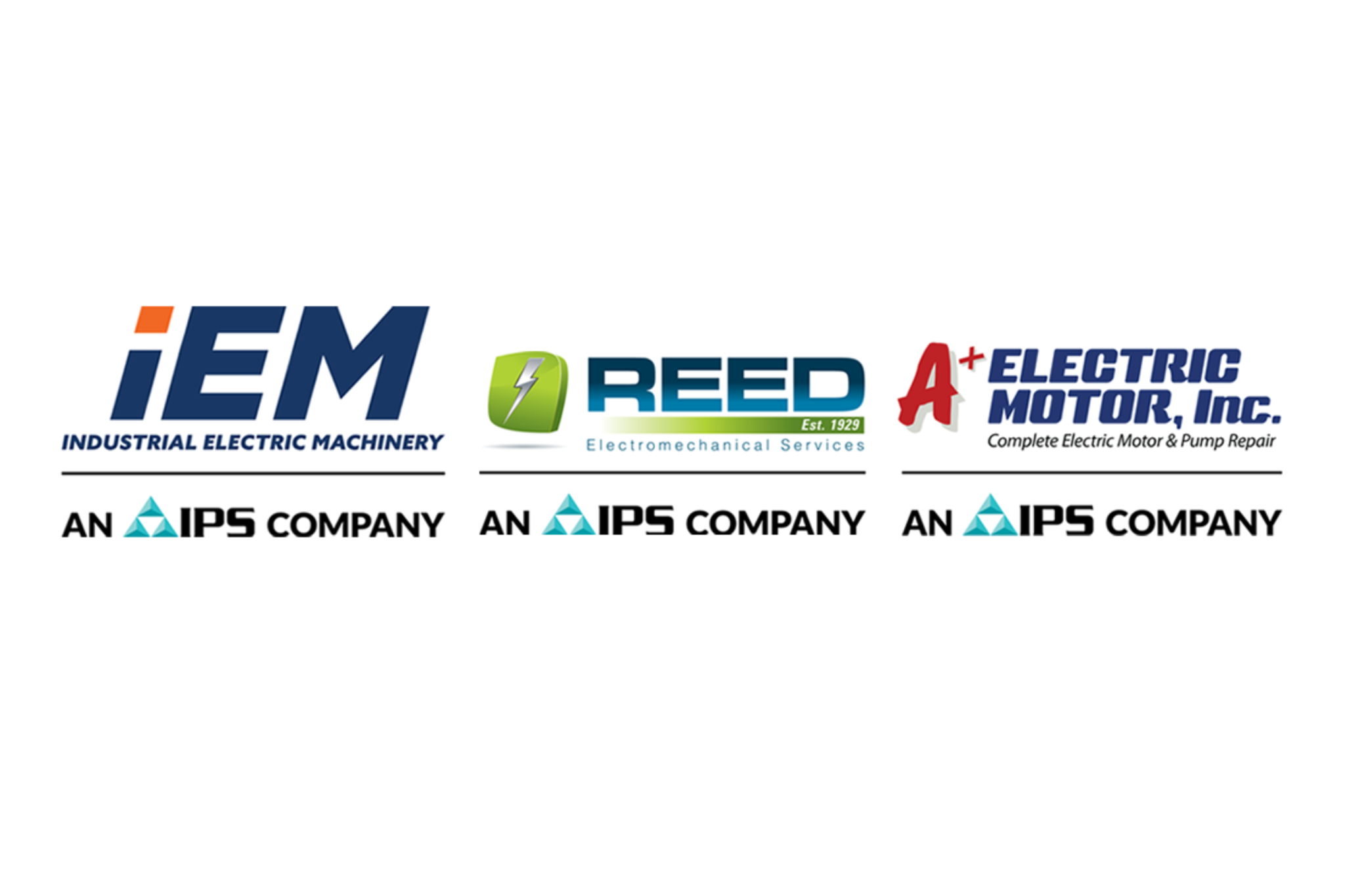 Logos for IPS companies Industrial Electric Machinery, Reed Electromechanical Services, and A+ Electric Motor.