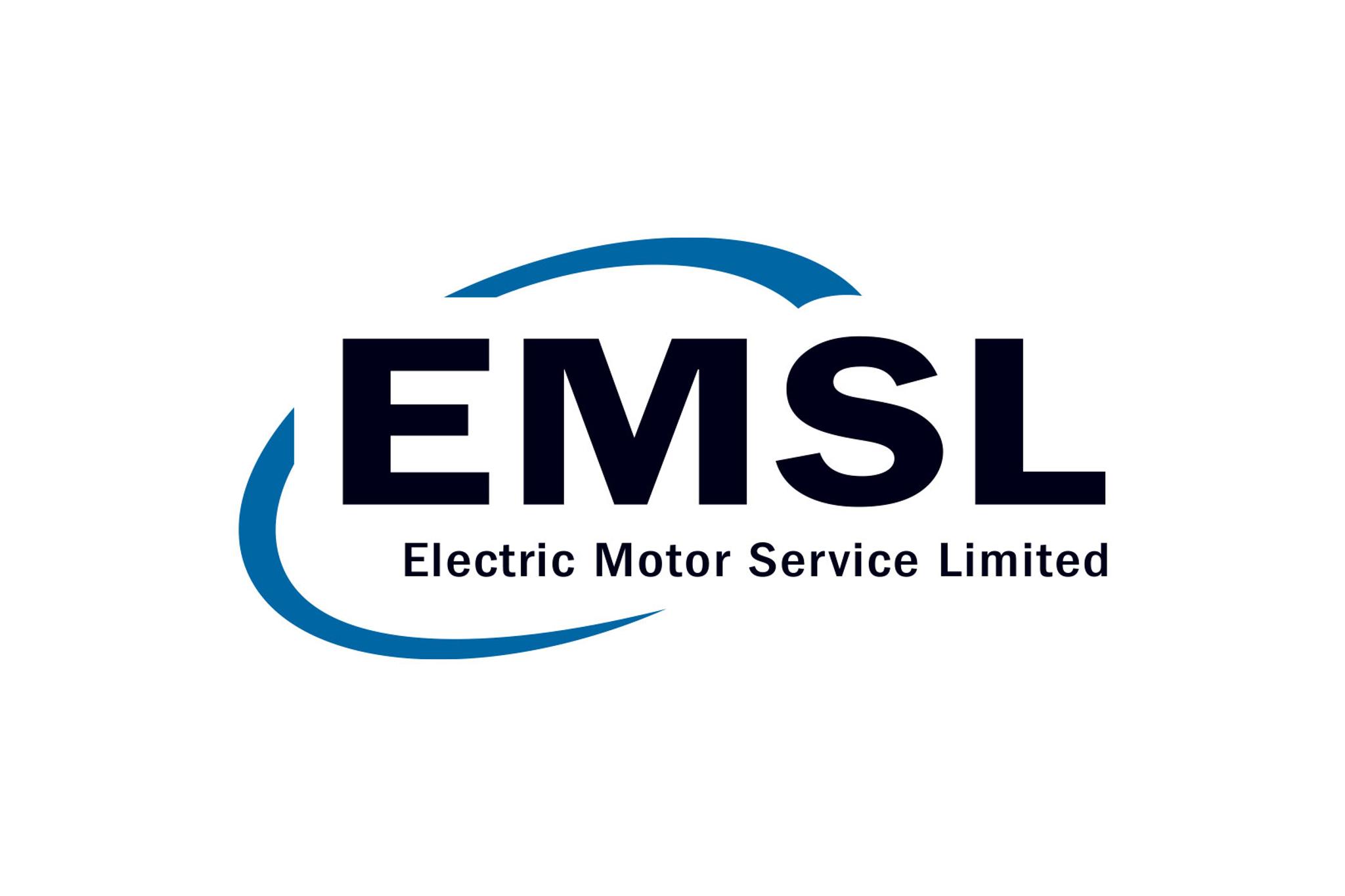 Logotipo de EMSL, Electric Motor Service Limited, con trazos curvos azules.