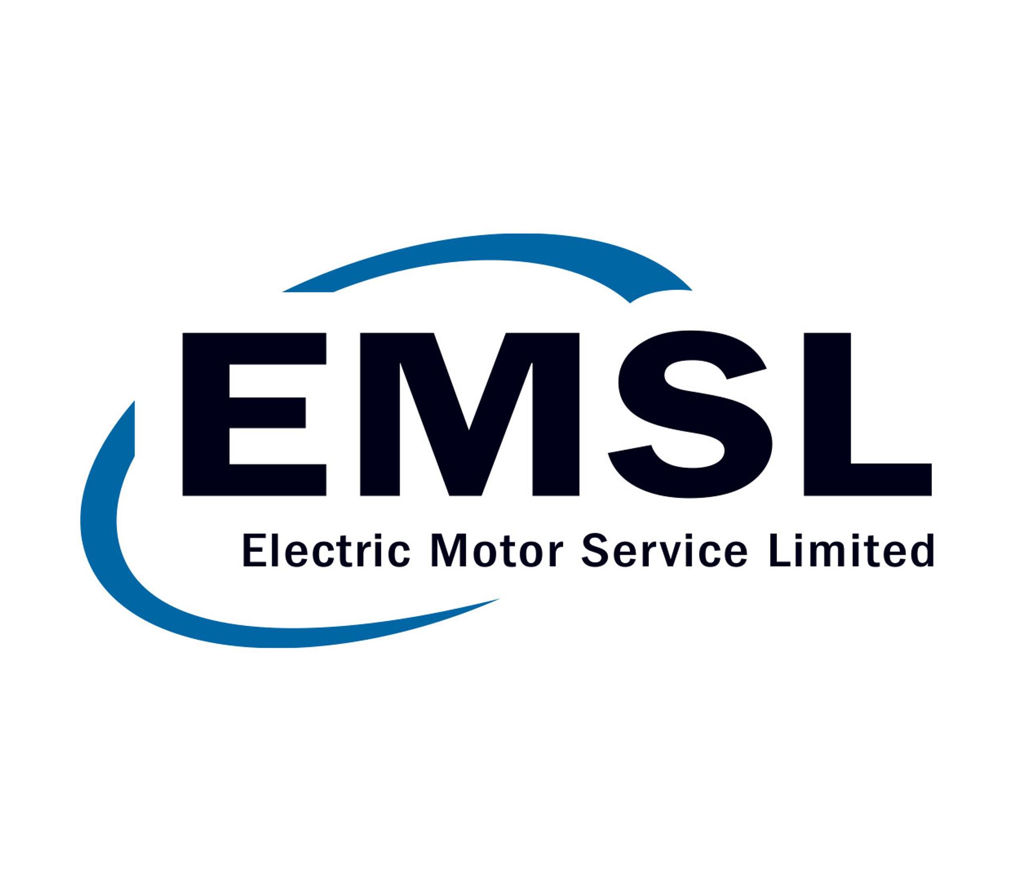 Logo d’EMSL, Electric Motor Service Limited, avec des arcs bleus sur fond blanc.