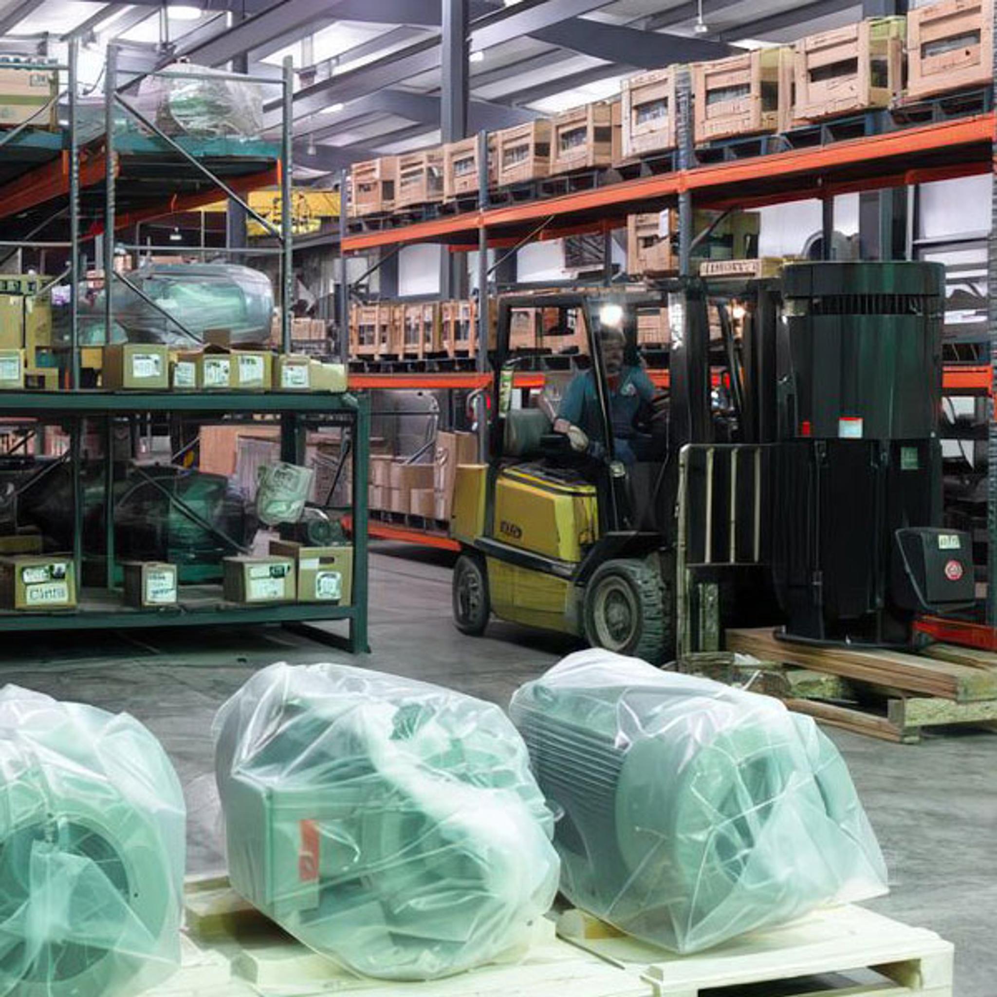 Worker drives a forklift past stored transformers and wrapped electric motors in an industrial warehouse.