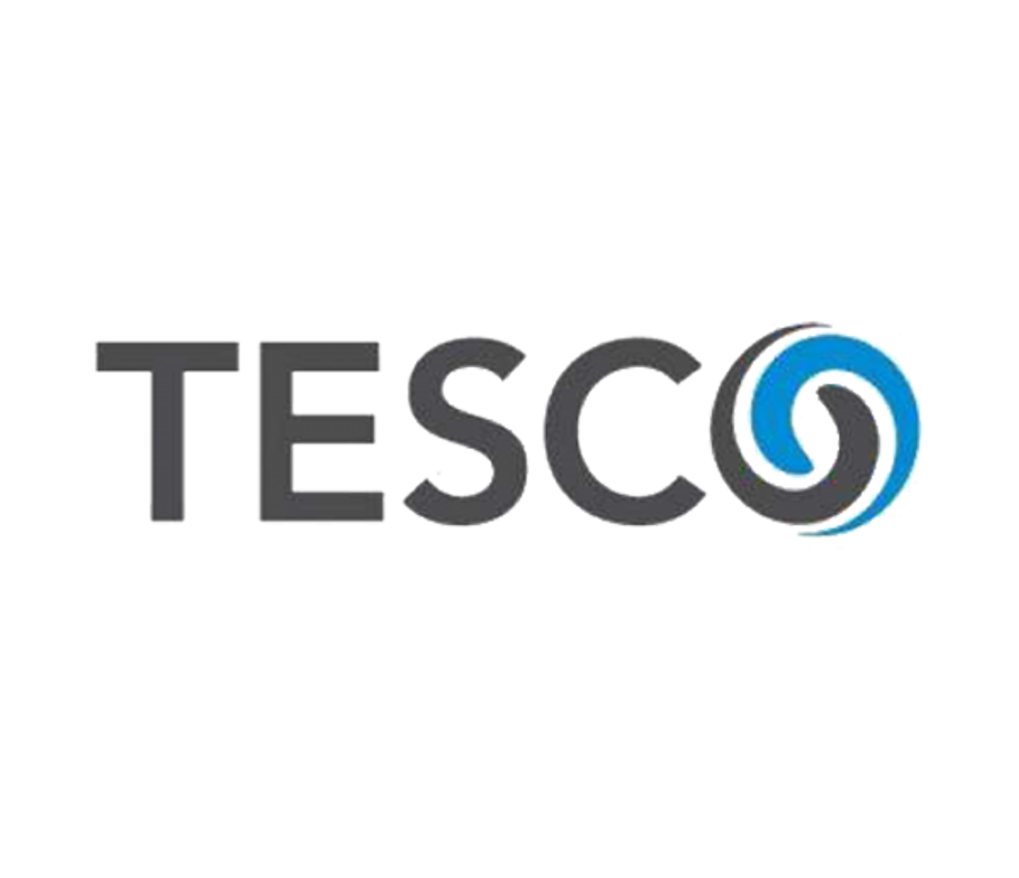 Logo TESCO gris avec une spirale bleue dans la lettre O