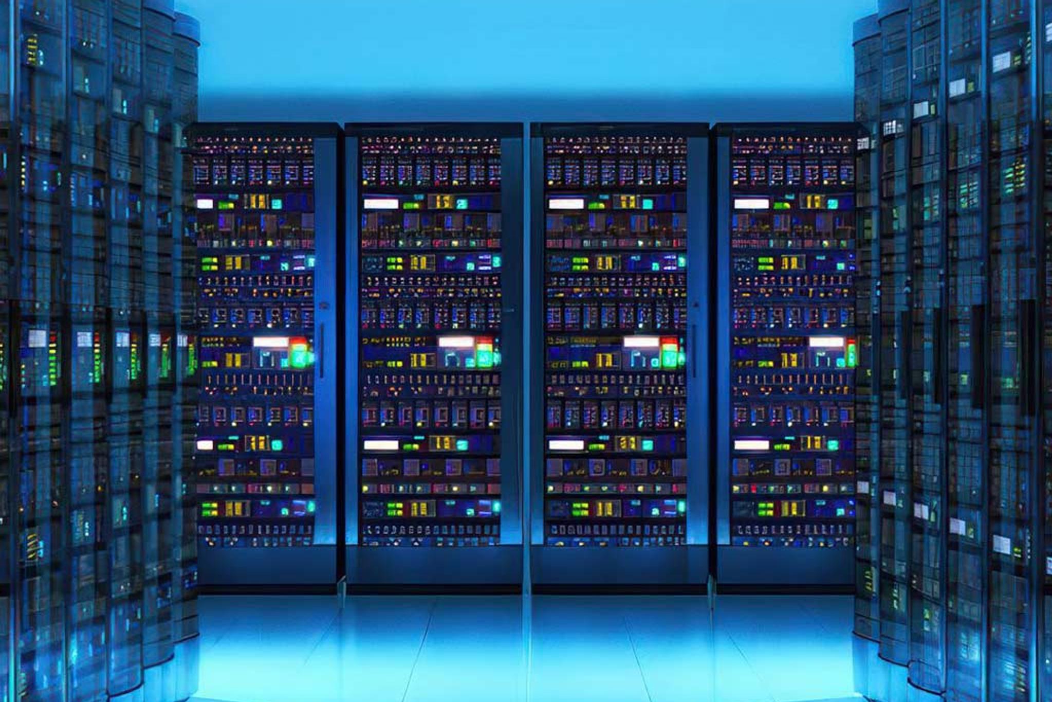 Rows of illuminated server racks in a blue-lit data center.