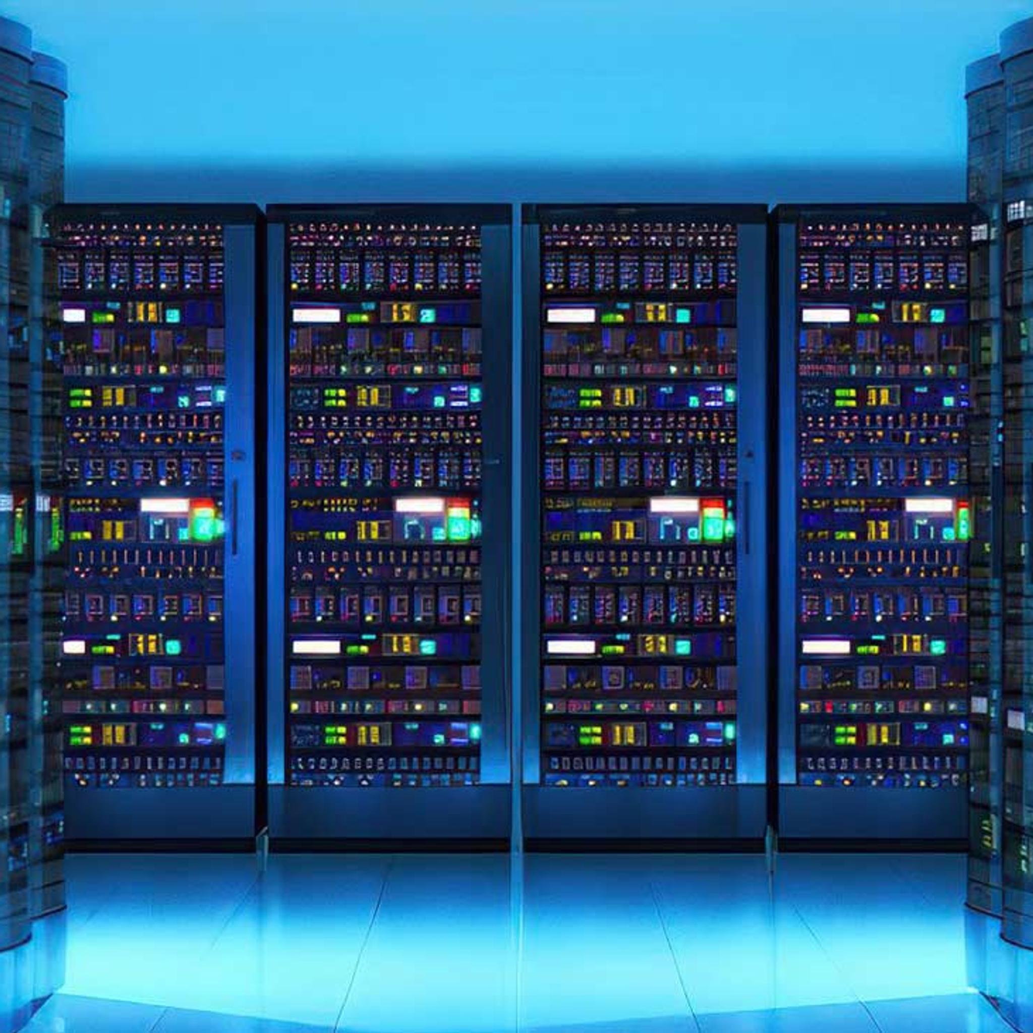 Rows of illuminated server racks in a blue-lit data center.