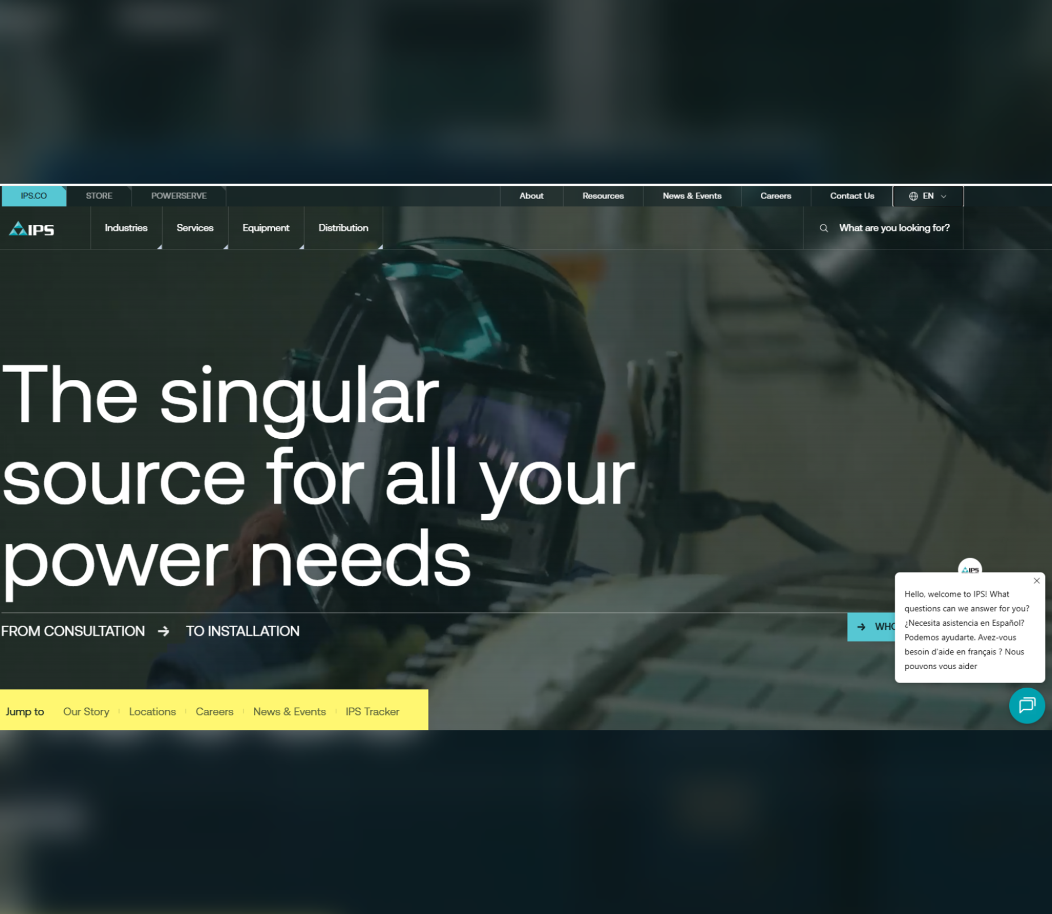 IPS website homepage featuring a technician in a welding helmet working on industrial equipment.