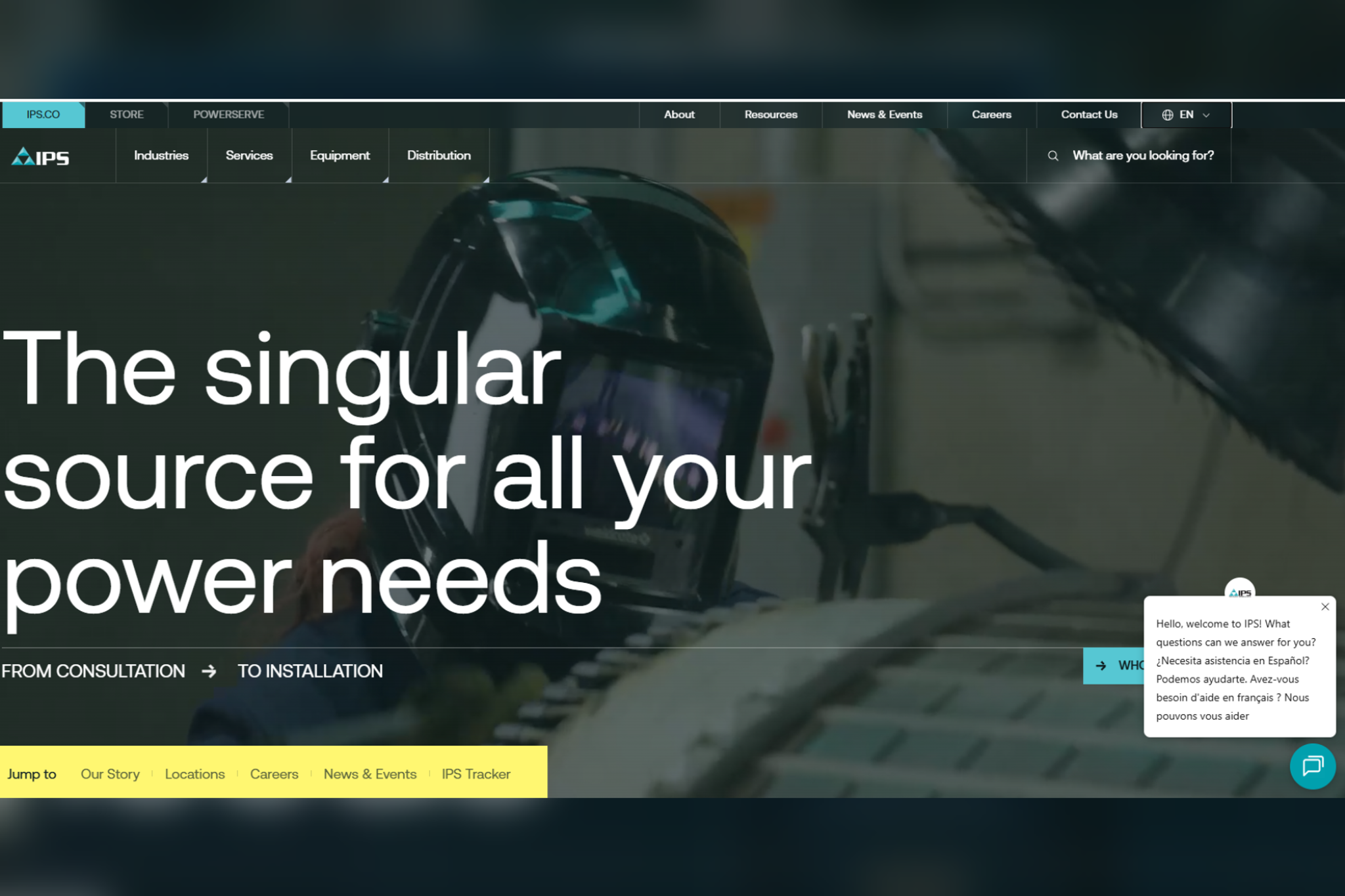 IPS website homepage featuring a technician in a welding helmet working on industrial equipment.