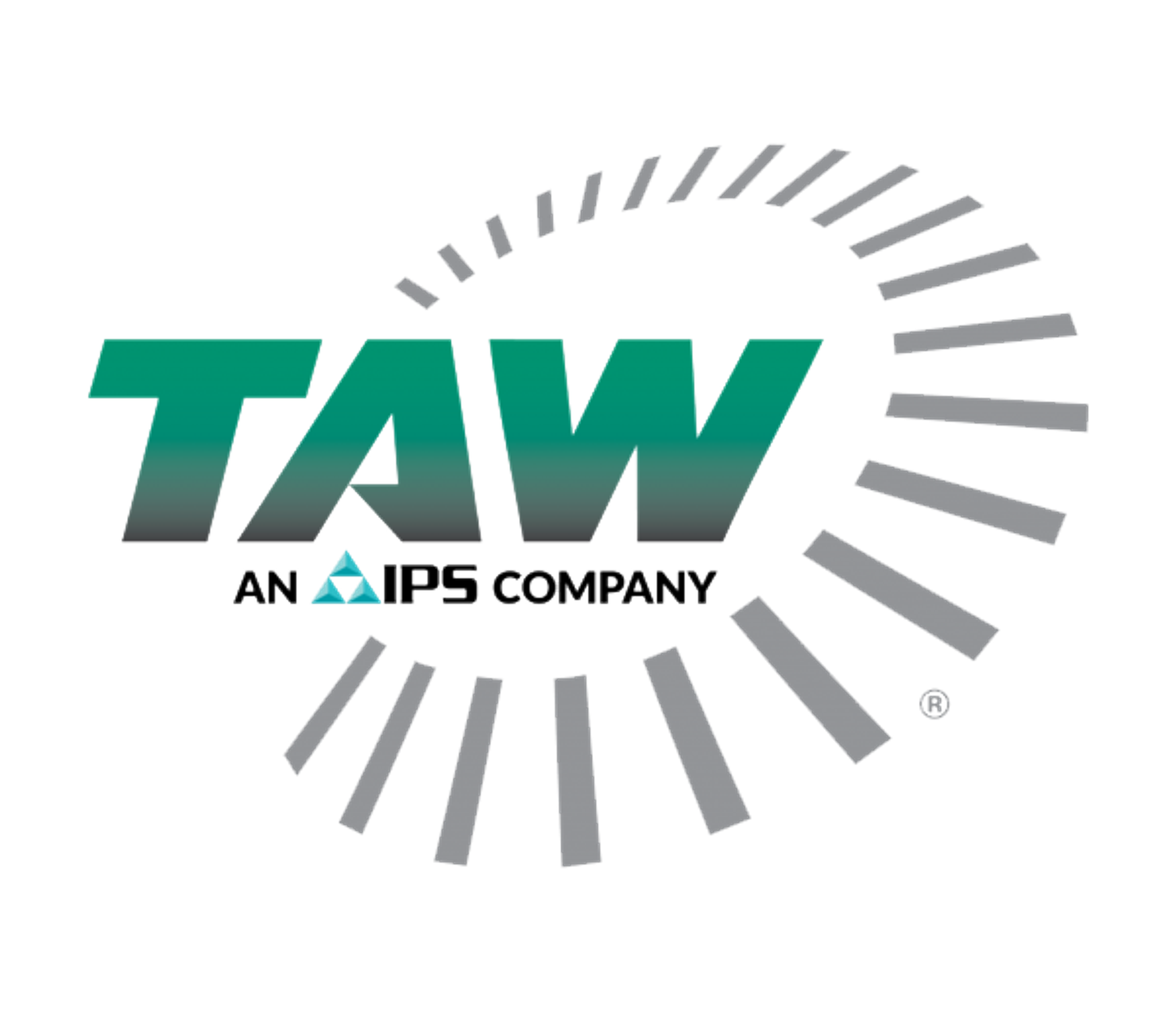 Logo TAW, une entreprise IPS, entouré d’un motif circulaire gris évoquant un moteur électrique.