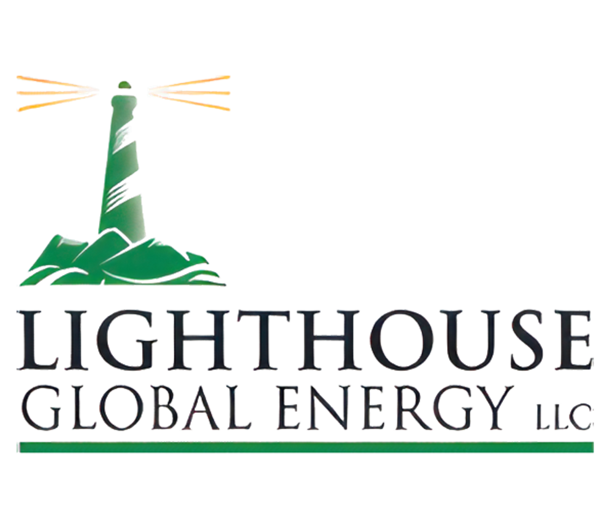 Logo de Lighthouse Global Energy LLC avec un phare vert projetant des faisceaux lumineux