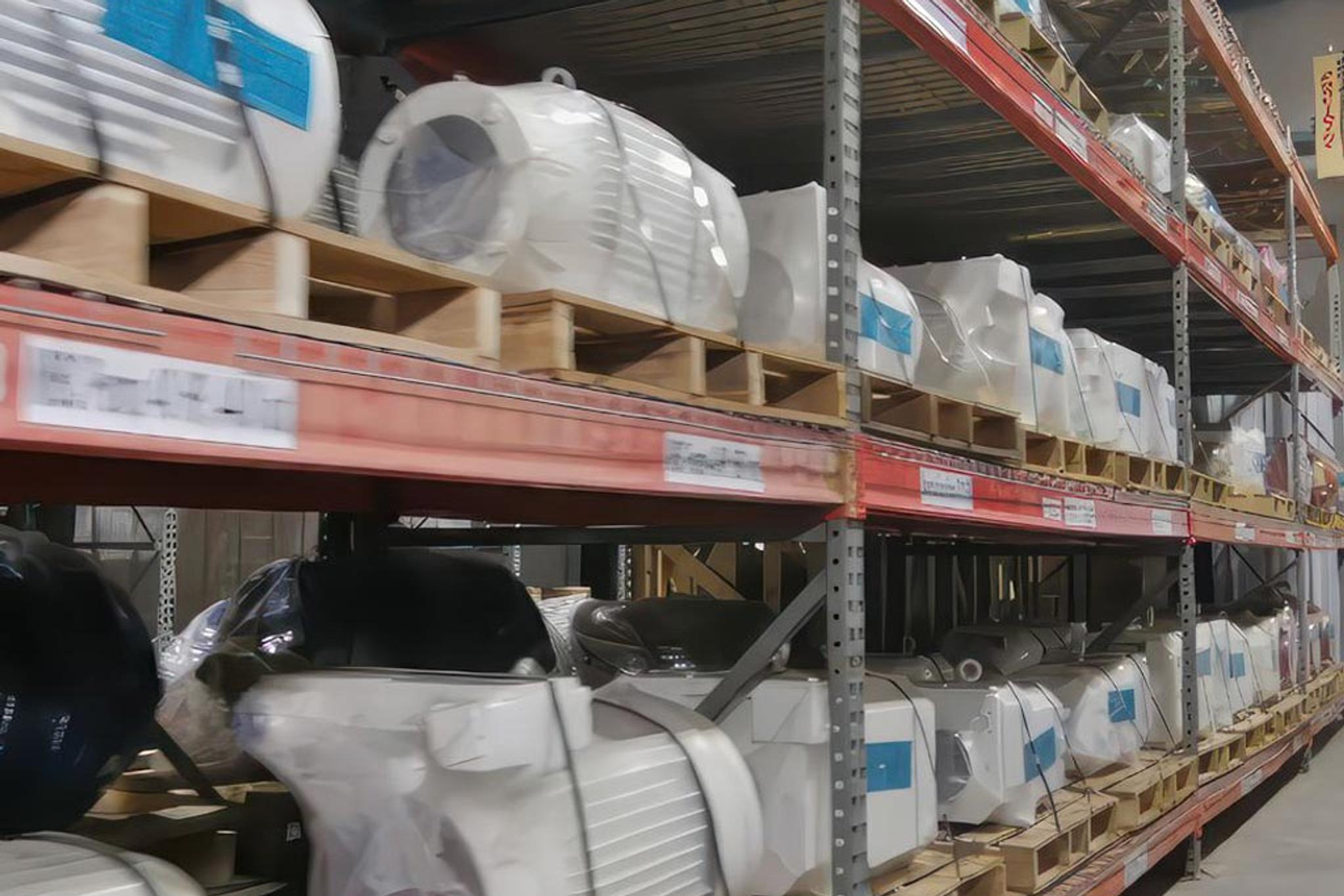 Wrapped industrial electric motors stored on pallets in warehouse racks.