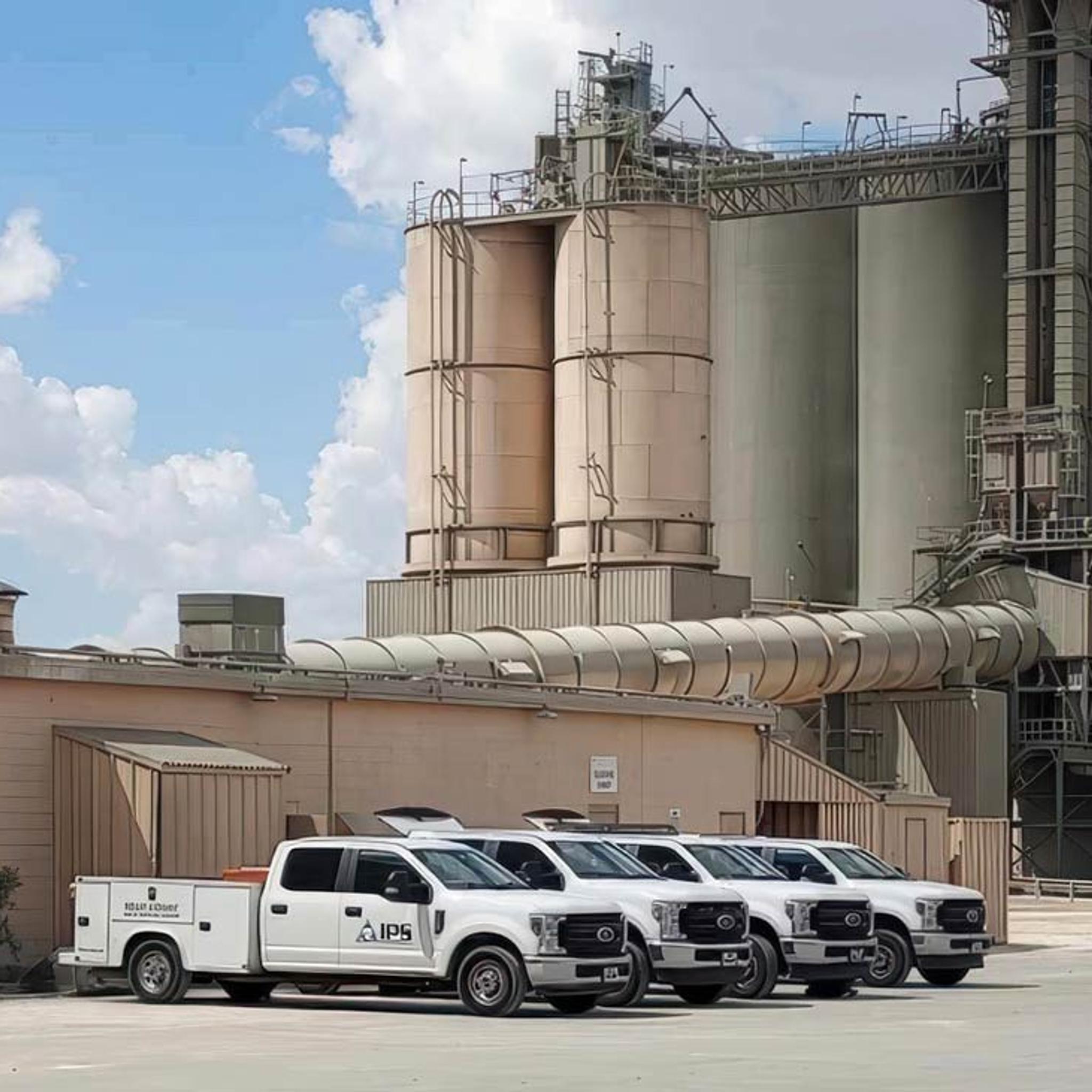 IPS service trucks parked outside an industrial facility with large storage silos and ductwork.
