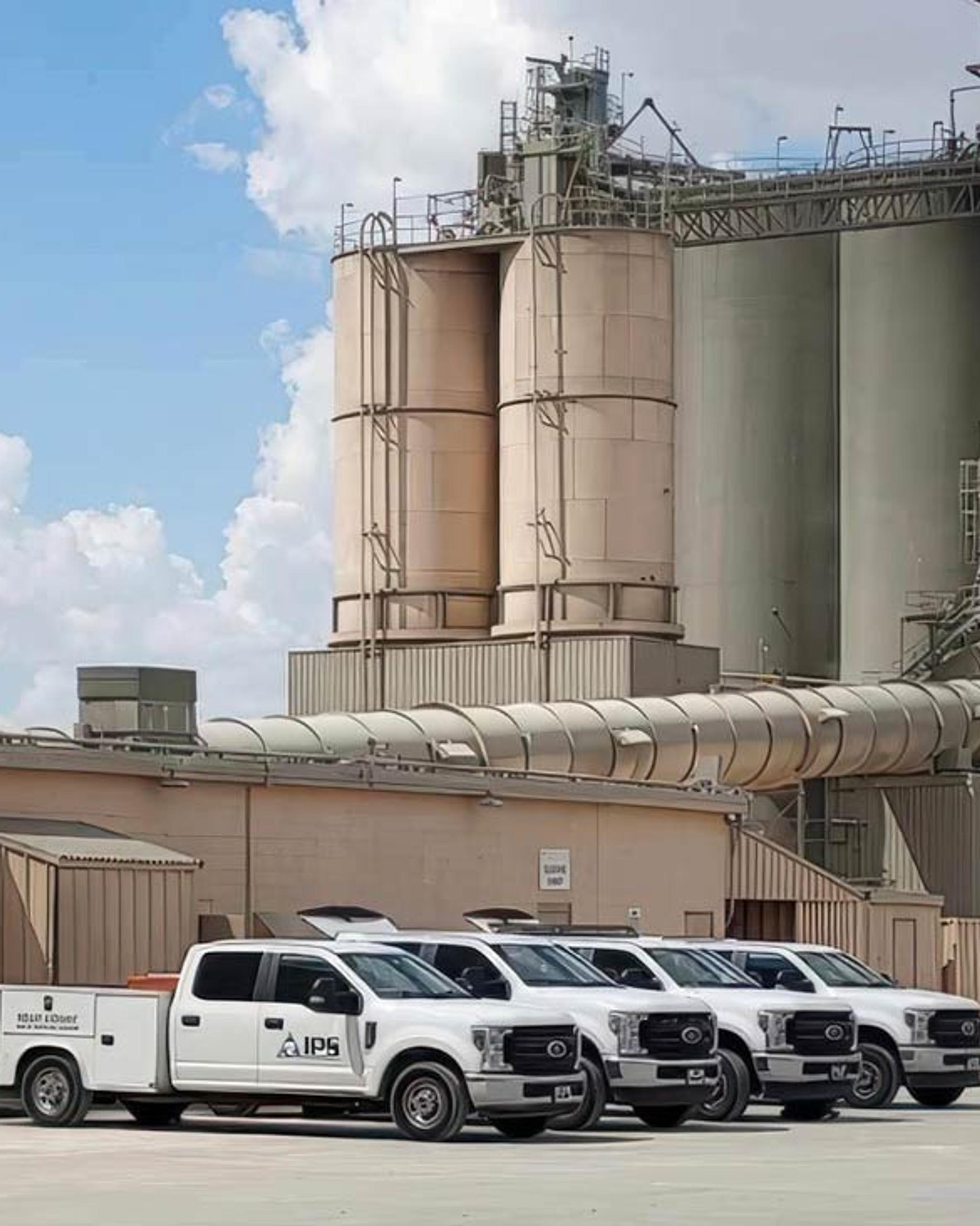 Camionetas de servicio de IPS estacionadas frente a silos y conductos de una planta industrial.