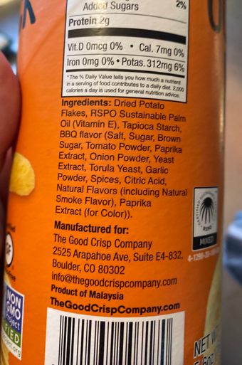 The Good Crisp Company, The Good Crisp Company Outback BBQ Potato Crisps 5.6 oz, barcode: 0851562007170, has 1 potentially harmful, 5 questionable, and
2 added sugar ingredients.