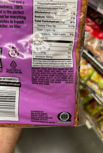 Avb Corp., DAVE'S KILLER BREAD, 100% WHOLE WHEAT ORGANIC BREAD, barcode: 0013764027176, has 1 potentially harmful, 0 questionable, and
2 added sugar ingredients.