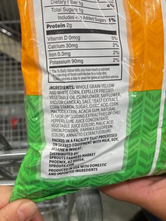 Sprouts, Sprouts Chili Lime Tortilla Chips, barcode: 0646670517600, has 3 potentially harmful, 5 questionable, and
    1 added sugar ingredients.