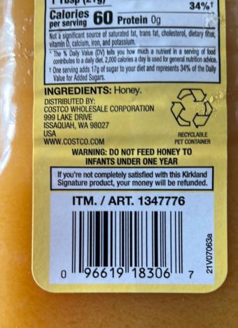 Kirkland Signature, Wildflower honey, barcode: 0096619183067, has 0 potentially harmful, 0 questionable, and
    1 added sugar ingredients.
