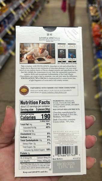 Lindt & Sprungli (schweiz) Ag, 70% COCOA DARK CHOCOLATE, barcode: 0037466017631, has 0 potentially harmful, 1 questionable, and
    1 added sugar ingredients.