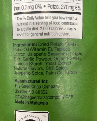 The Good Crisp Company, Good Crisp Spicy Jalapeno, barcode: 0851562007507, has 0 potentially harmful, 2 questionable, and
    1 added sugar ingredients.