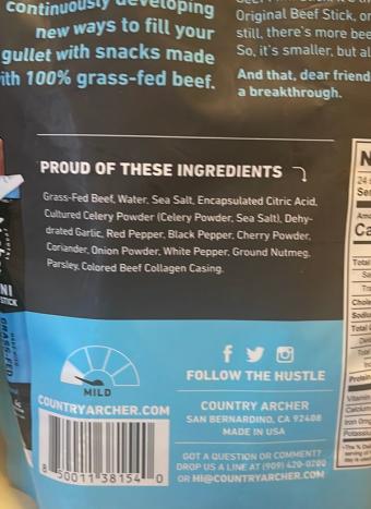 Country Archer Jerky Co., Grass Fed Beef Sticks Minis Original, barcode: 0850011381540, has 0 potentially harmful, 1 questionable, and
0 added sugar ingredients.