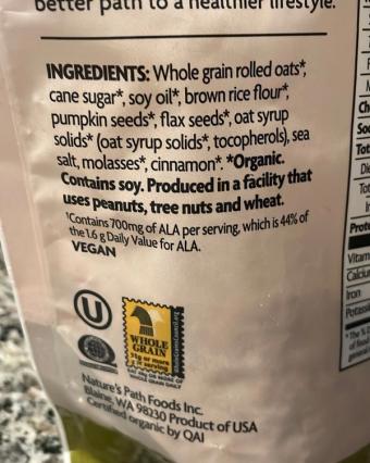 Nature's Path Organic, Natures Path pumpkin and flax seed granola, barcode: 0058449770565, has 1 potentially harmful, 0 questionable, and
    2 added sugar ingredients.