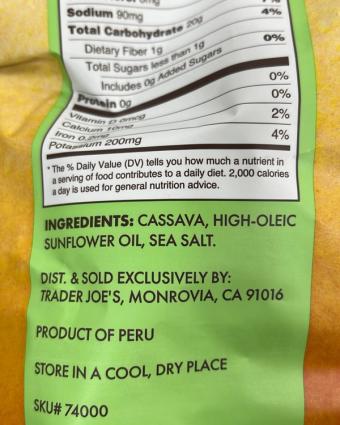 Trader Joe's, Trader Joe's Cassava Chips, barcode: 0000000740005, has 0 potentially harmful, 1 questionable, and
    0 added sugar ingredients.