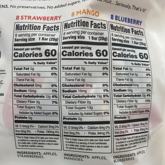That's It., Mini Fruit Bars Variety, Strawberry, Mango & Blueberry, barcode: 0850000547568, has 0 potentially harmful, 0 questionable, and
    0 added sugar ingredients.