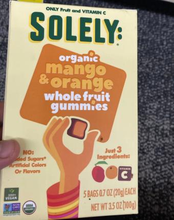 Solely:, Solely Organic Mango & Orange Whole Fruit Gummies 5-0.7 Oz Bags, barcode: 0850023073013, has 0 potentially harmful, 0 questionable, and
    0 added sugar ingredients.
