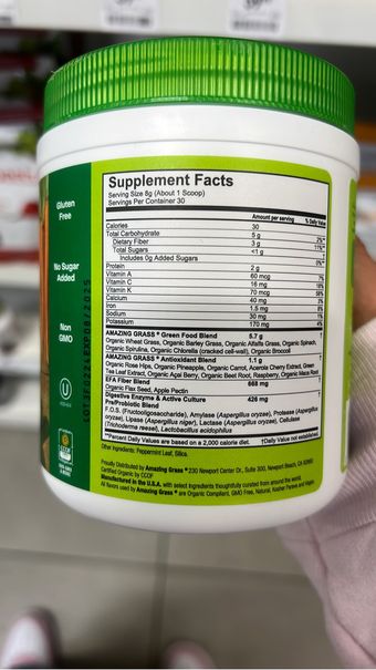 Amazing Grass, Amazing Grass The Original Green Superfood Powder 8.5 oz, barcode: 0829835931002, has 0 potentially harmful, 0 questionable, and
    0 added sugar ingredients.