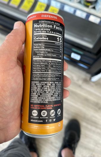 Eboost, Eboost Super Fuel Sparkling Orange Mango Energy Drink 11.5 fl oz, barcode: 0856541002832, has 0 potentially harmful, 3 questionable, and
    1 added sugar ingredients.