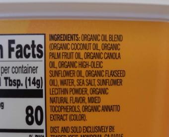 Trader Joe's, Trader Joe's Organic Buttery Plant Based Spread, barcode: 0000000757621, has 1 potentially harmful, 4 questionable, and
    0 added sugar ingredients.