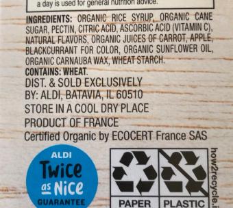 Aldi, Fruit flavored snacks, barcode: 4099100050219, has 0 potentially harmful, 4 questionable, and
2 added sugar ingredients.