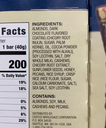 Kirkland Signature, Nut Bars, barcode: 0096619215607, has 0 potentially harmful, 2 questionable, and
    3 added sugar ingredients.