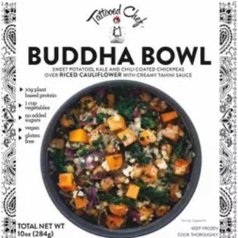 Tattooed Chef, Tattooed Chef Vegan Frozen Buddha Bowl, barcode: 899764001541, has 0 potentially harmful, 1 questionable, and
    0 added sugar ingredients.