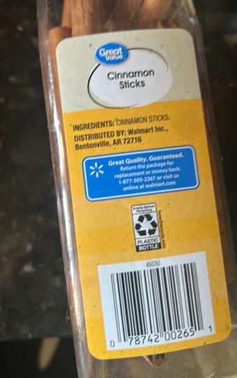 Great Value, Cinnamon sticks, barcode: 0078742002651, has 0 potentially harmful, 0 questionable, and
    0 added sugar ingredients.