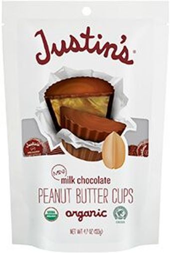 Justin's, Llc, MILK CHOCOLATE ORGANIC MINI PEANUT BUTTER CUPS, MILK CHOCOLATE, barcode: 0855188003981, has 0 potentially harmful, 3 questionable, and
    1 added sugar ingredients.