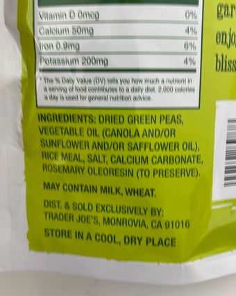 Trader Joe's, Trader Joe's Contemplates Inner Peas, barcode: 0000000508988, has 2 potentially harmful, 2 questionable, and
    0 added sugar ingredients.