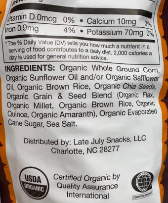 Late July Snacks, Llc, Sea salt multigrain tortilla chips, barcode: 0815099020309, has 0 potentially harmful, 2 questionable, and
    1 added sugar ingredients.