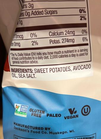Jackson's Honest Chips, Sweet potato chips, barcode: 0850036699187, has 0 potentially harmful, 0 questionable, and
    0 added sugar ingredients.