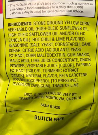 Trader Joe's, Rolled corn tortilla chips, barcode: 0000000614207, has 3 potentially harmful, 6 questionable, and
    1 added sugar ingredients.