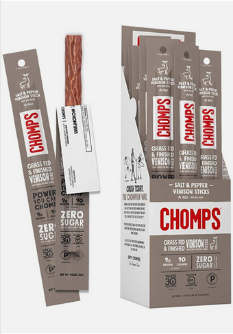 Chomps , CRACKED PEPPER & SEA SALT GRASS FED VENISON SNACK STICK WITH GRASS FED BEEF ADDED, CRACKED PEPPER & SEA SALT, barcode: 0856584004237, has 0 potentially harmful, 1 questionable, and
    0 added sugar ingredients.