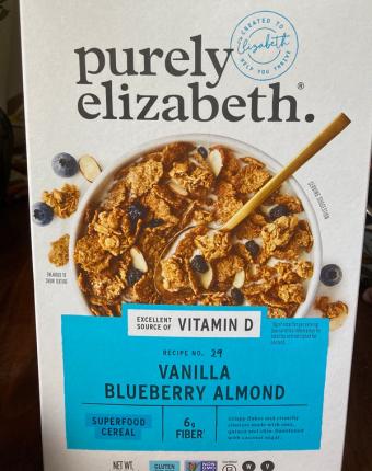 Purely Elizabeth , Vanilla Blueberry Almond Superfood Cereal, barcode: 0810589030035, has 0 potentially harmful, 1 questionable, and
4 added sugar ingredients.