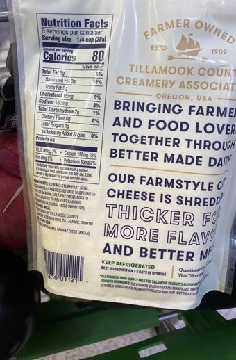 Tillamook County Creamery Association, FARMSTYLE CUT MOZZARELLA SHREDDED CHEESE, barcode: 0072830011211, has 0 potentially harmful, 0 questionable, and
    0 added sugar ingredients.